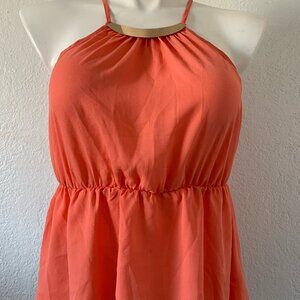 Halter Spaghetti Strap Garterized Smock Top with Gold Plate Necklace